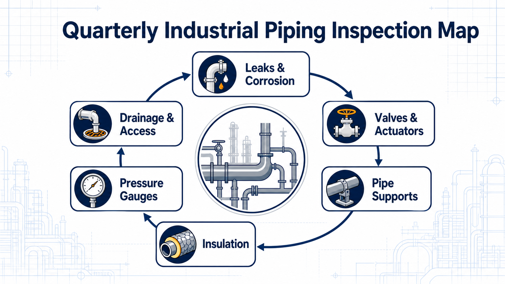 Quarterly industrial piping inspection map showing leaks, valves, supports, insulation, pressure gauges, and drainage access