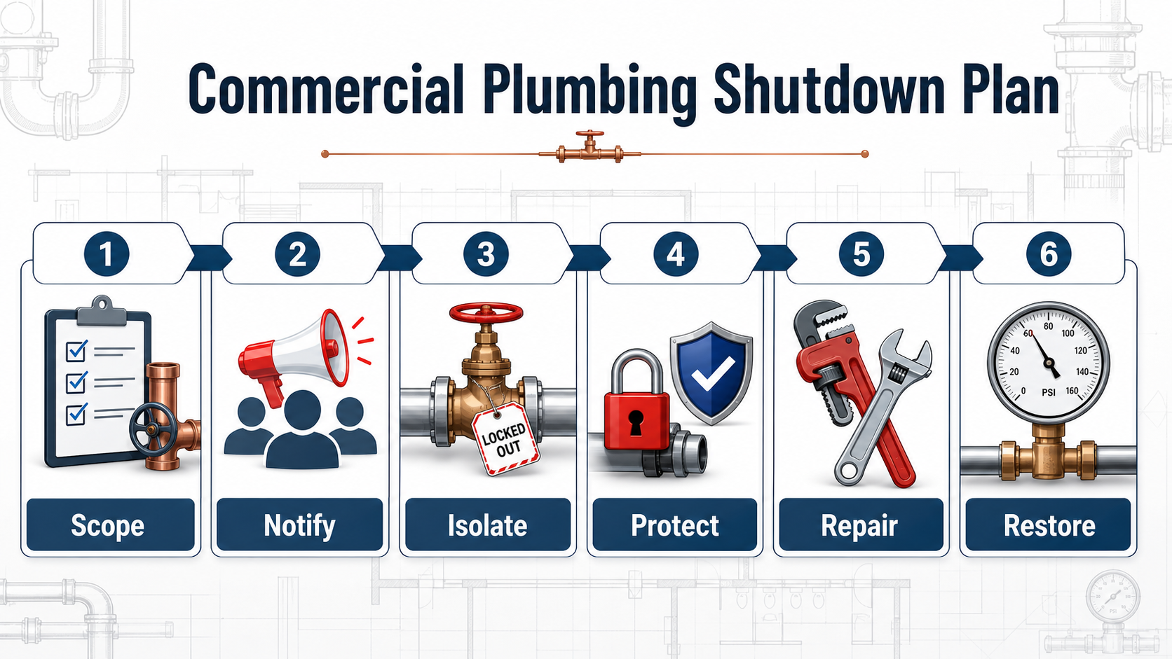 Infographic showing six steps in a commercial plumbing shutdown plan: scope, notify, isolate, protect, repair, restore