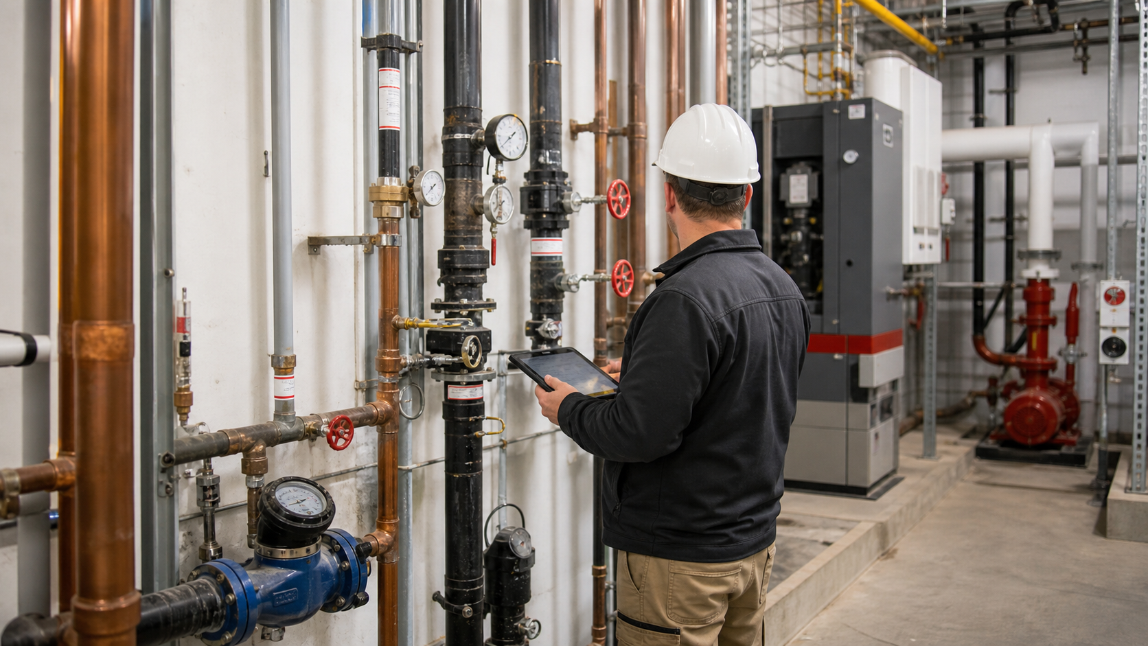 Commercial plumber reviewing shutoff valves and piping in a mechanical room before a planned shutdown