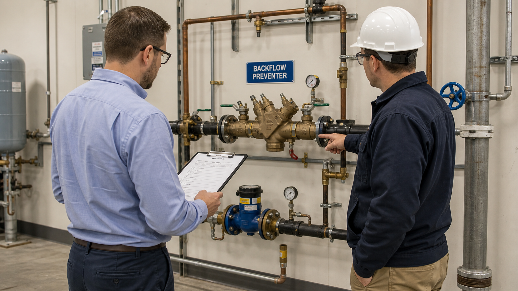 Commercial plumber and property manager reviewing backflow preventer records beside a cross-connection control assembly