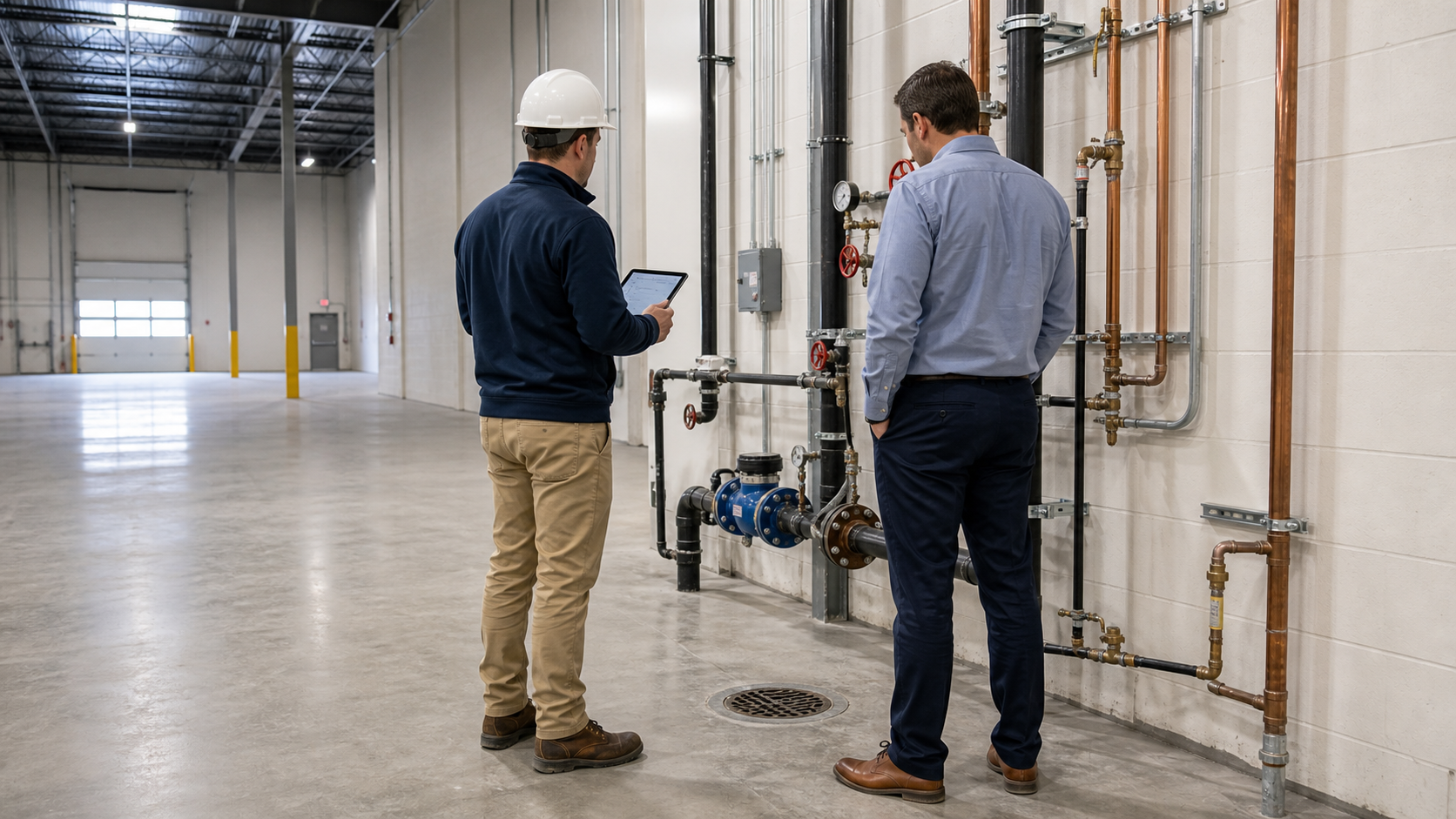 Commercial plumber and property manager inspecting plumbing in a vacant industrial unit before leasing