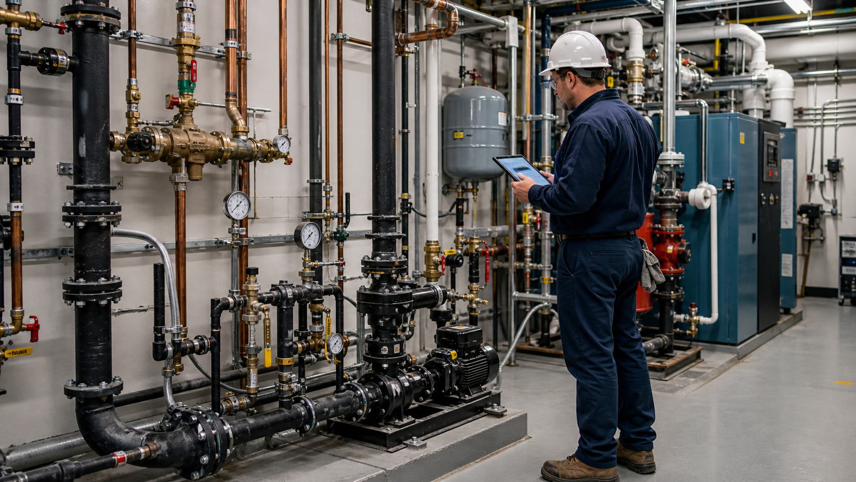 Commercial plumber inspecting valves pumps gauges and piping in a building mechanical room