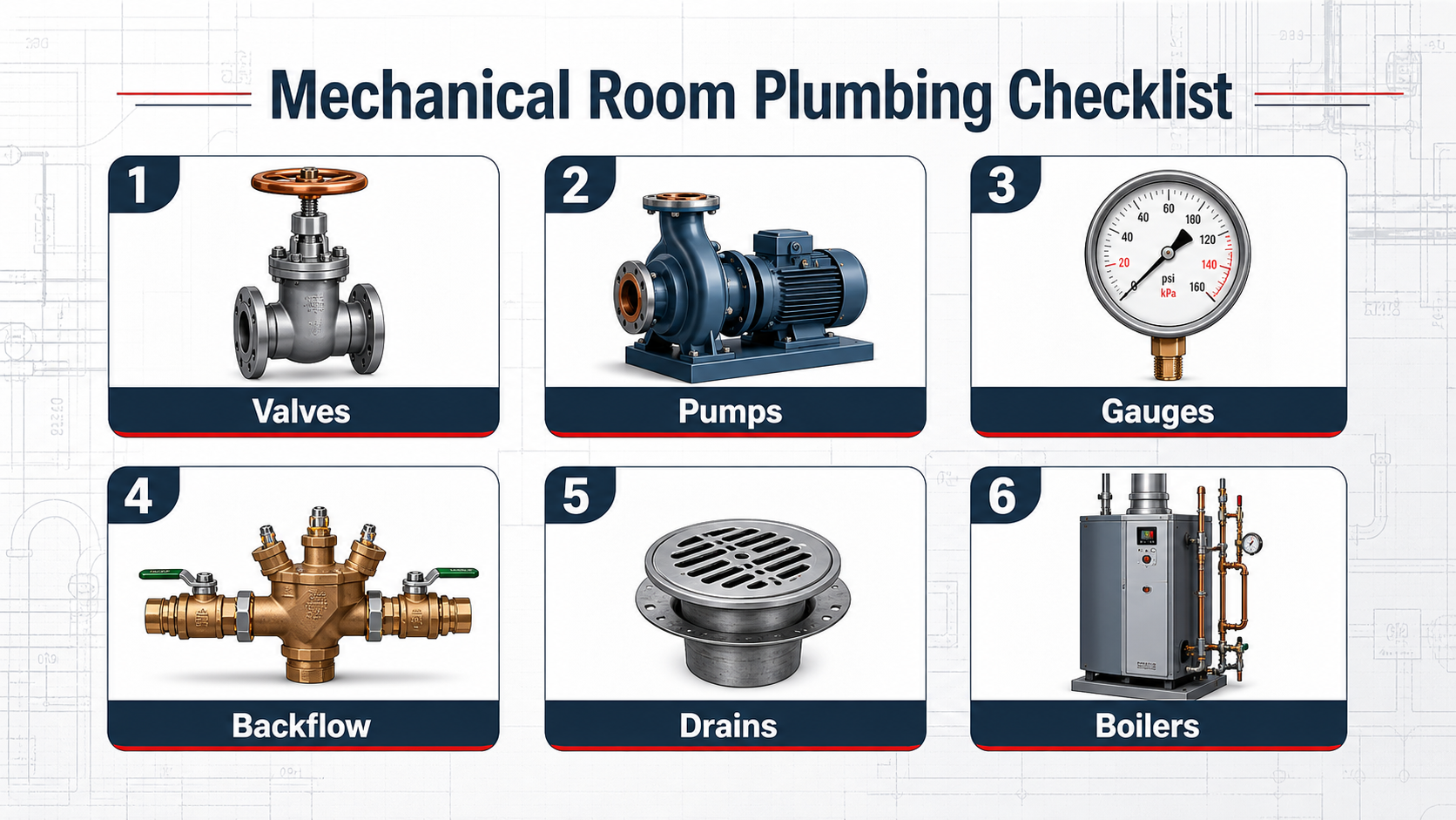 Mechanical room plumbing checklist infographic showing valves pumps gauges backflow drains and boilers