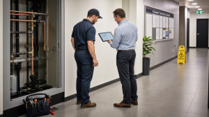 Commercial plumber and property manager coordinating plumbing repair work in a tenant-occupied commercial building